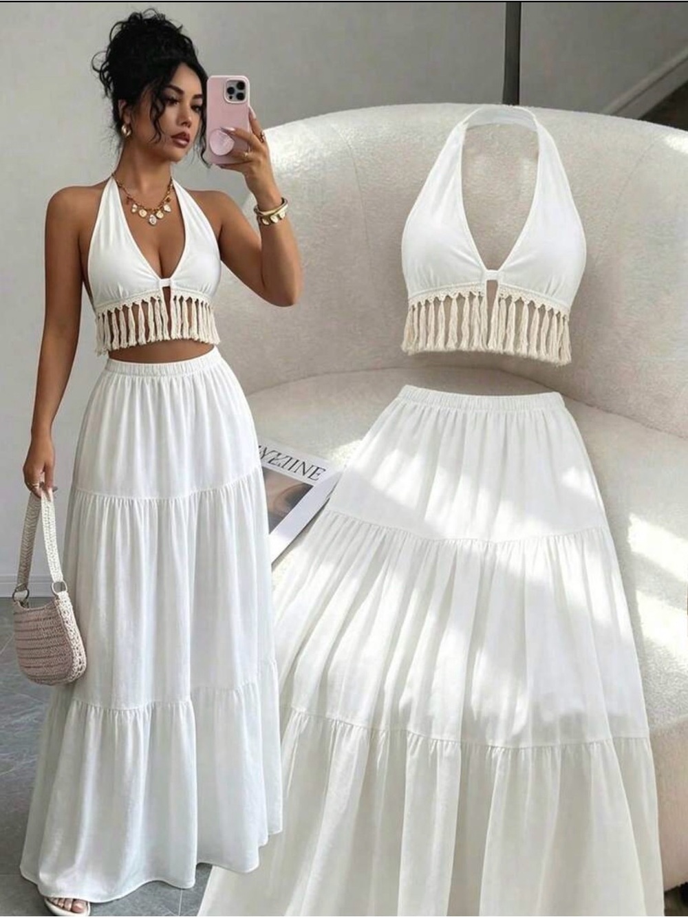 White Tiered Maxi Skirt Set- Boho Summer Style